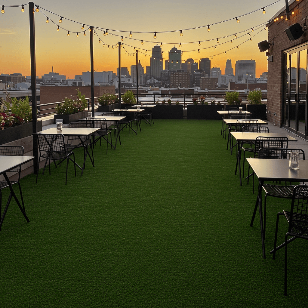 A versatile rooftop commercial turf installation at a Olathe restaurant, creating a beautiful and functional outdoor dining space.
