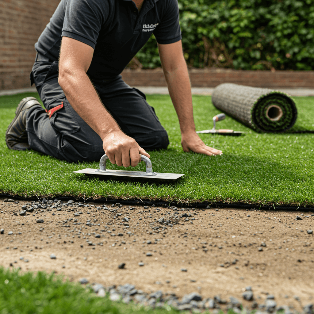Professional artificial grass installation in progress at an Olathe home, with an expert technician preparing the crucial aggregate base for a long-lasting synthetic lawn