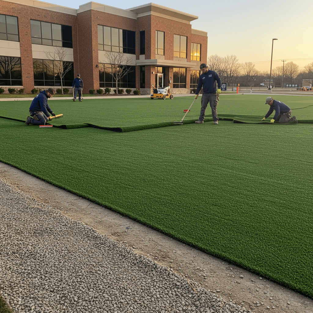 Professional commercial turf installation team at a business property in Olathe, ensuring a flawless and durable finish.